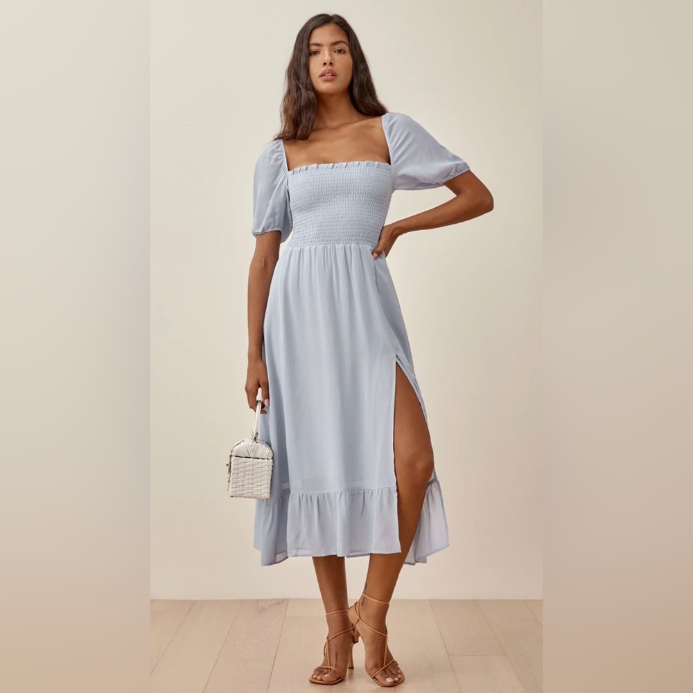 NEW Reformation Meadow Puff Sleeve Midi Dress in Mineral Blue | size S - Picture 2 of 14